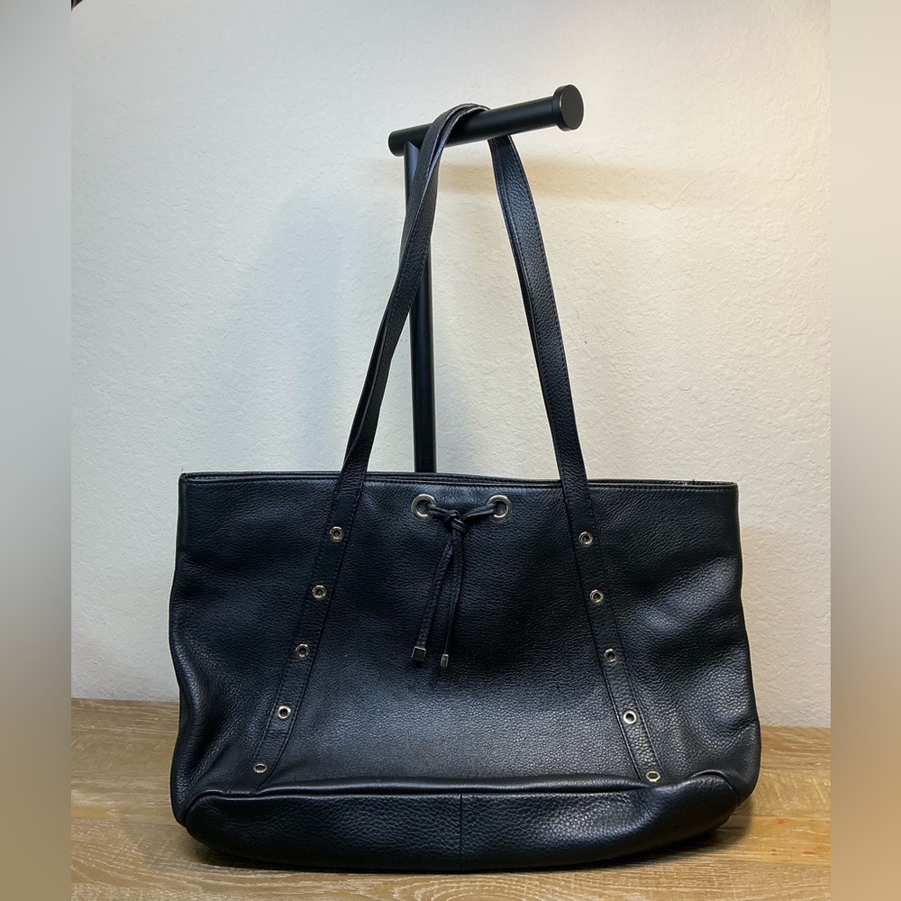 Talbots Classic Black Leather Tote Bag with Gold Accents and Leather Tie